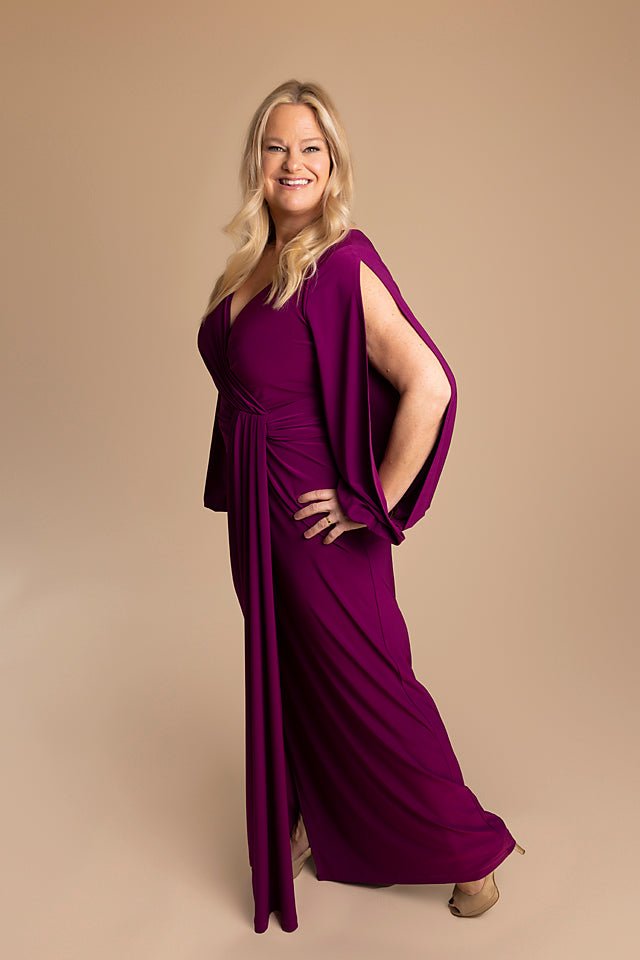 Long Magenta Dress with Bishop Sleeves, Wrap Style - The Queen's Lace