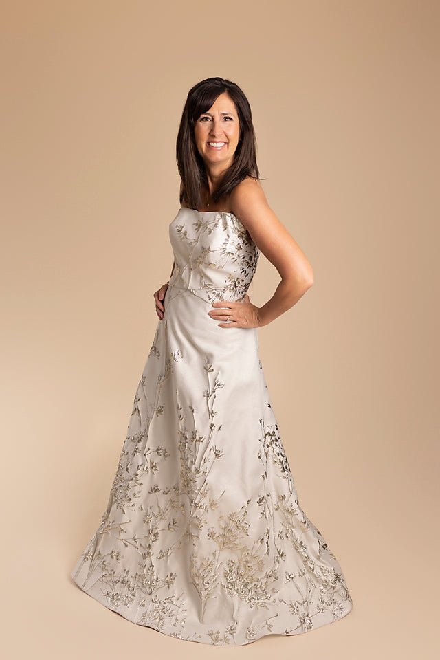 Strapless with Metallic Stretch Taffeta and Full Body Flower Embellishment Strapless with Metallic Stretch Taffeta and Full Body Flower Embellishment