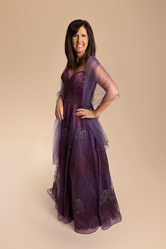 Strapless, Long Metallic Tulle with A-Line Silhouette, Purple