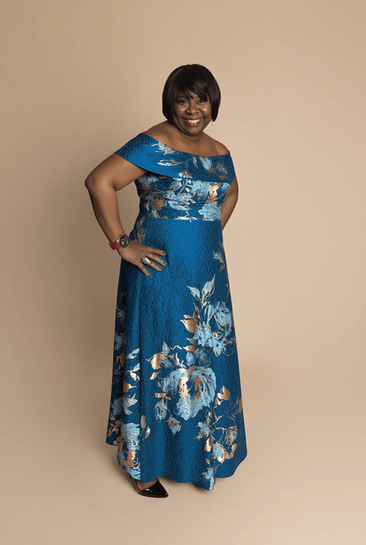 Large Floral Pattern Jacquard Off the Shoulder Gown