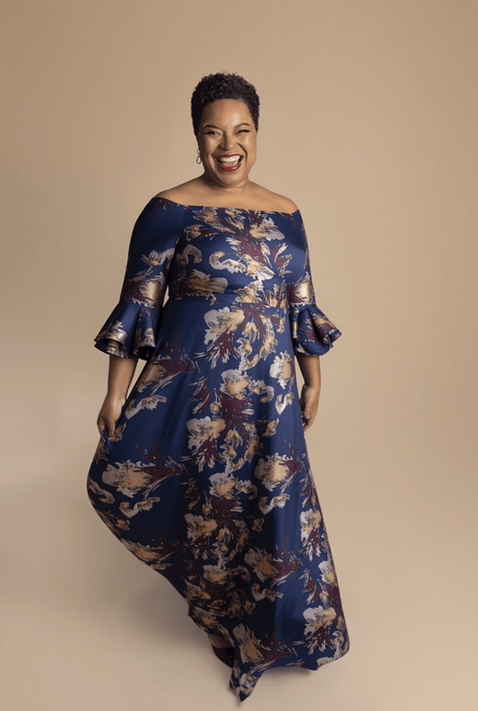 Regal Navy Jacquard Gown with Ruffle Sleeves