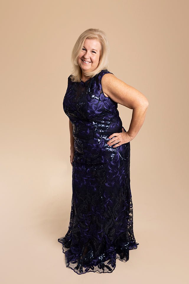 Capped Sleeve with Full Body Lace, Cobalt Long Dress - The Queen's Lace