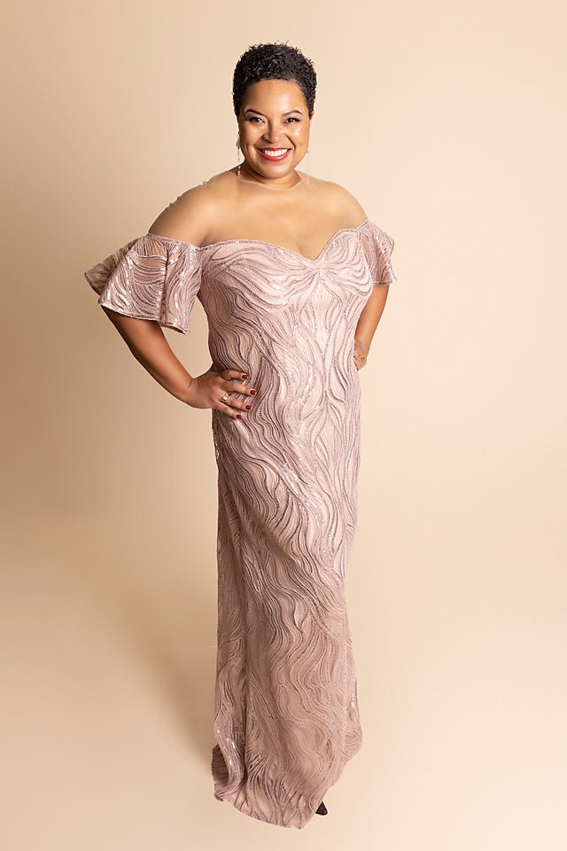 Full Sequin Body, Balloon Sleeves, Long Dress - The Queen's Lace