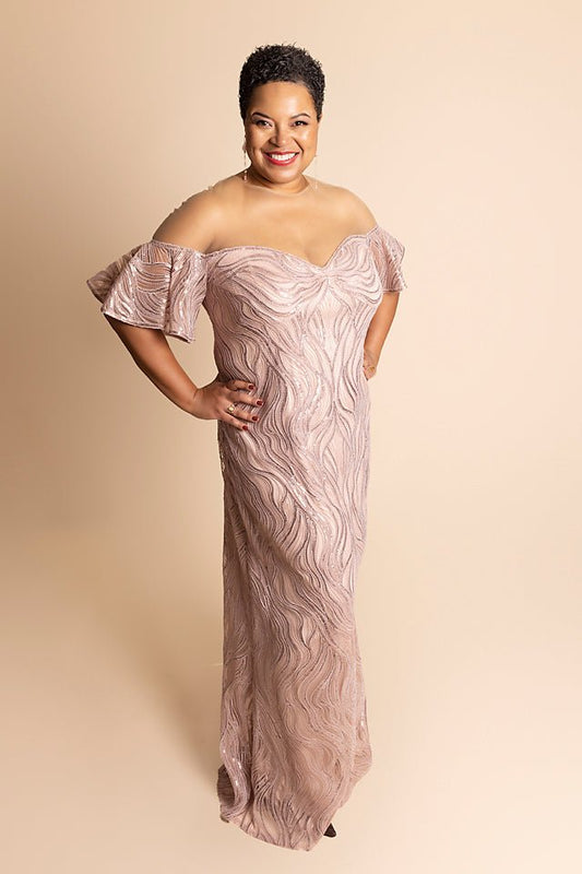 Full Sequin Body, Balloon Sleeves, Long Dress - The Queen's Lace