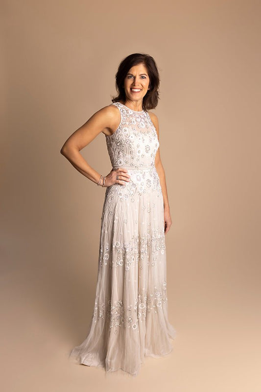 Halter Top, Floral Sequins Throughout, Long Tulle Gown - The Queen's Lace