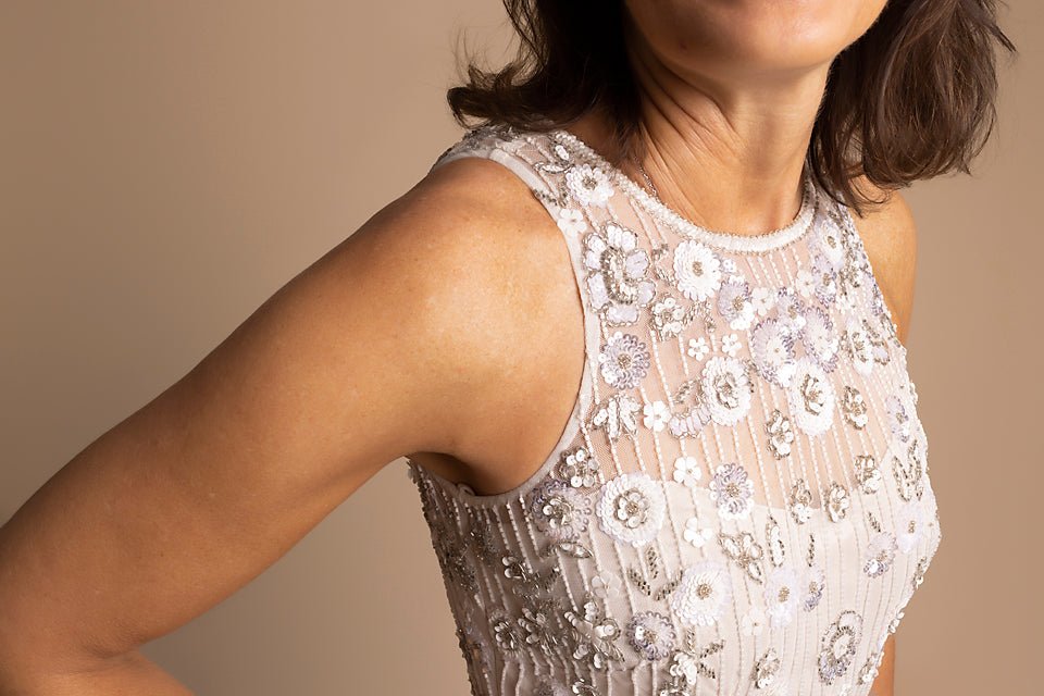 Halter Top, Floral Sequins Throughout, Long Tulle Gown - The Queen's Lace