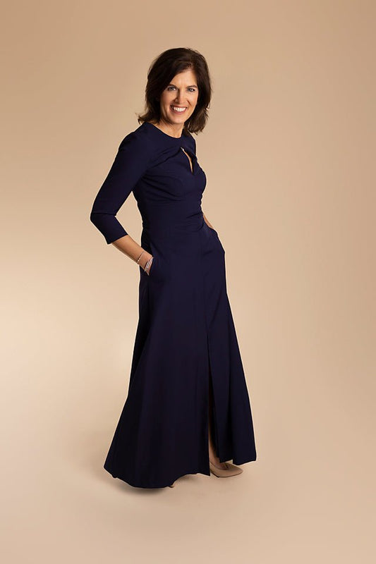 Long Jersey Gown, Long Sleeves and Front Slit, Navy Blue - The Queen's Lace