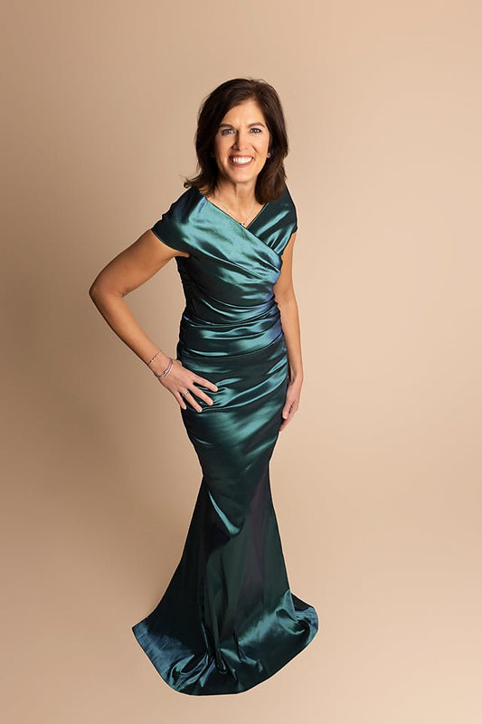 Off The Shoulder, Wrap Style in Teal Stretch Taffeta, Ruched Front - The Queen's Lace