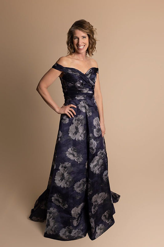 Off The Shoulder, Wrap Top, Long Taffeta Evening Gown - The Queen's Lace