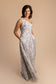 One Shoulder Floral Metallic Gown with Pleated Bodice, Silver - The Queen's Lace