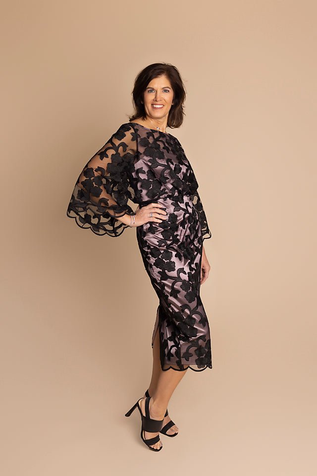 Short Dress with Black Floral Pattern and Flutter Sleeves - The Queen's Lace