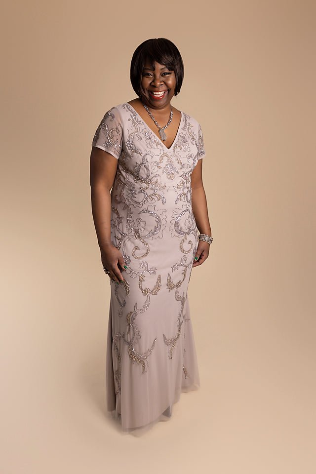 Short Sleeve, Floral Sequin, Sheath Gown - The Queen's Lace