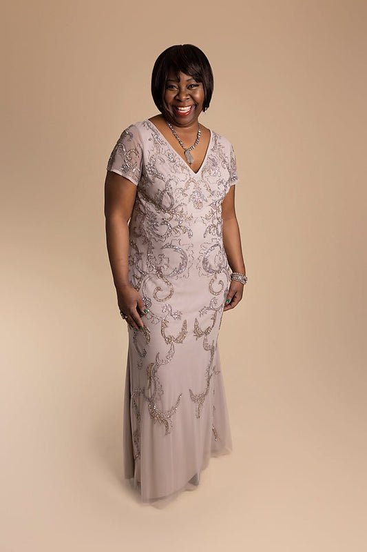 Short Sleeve, Floral Sequin, Sheath Gown - The Queen's Lace