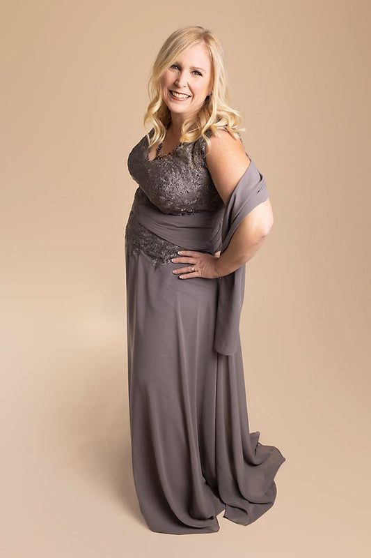 Sleeveless with Lace Top and Ruched Waist, Chiffon Bottom - The Queen's Lace