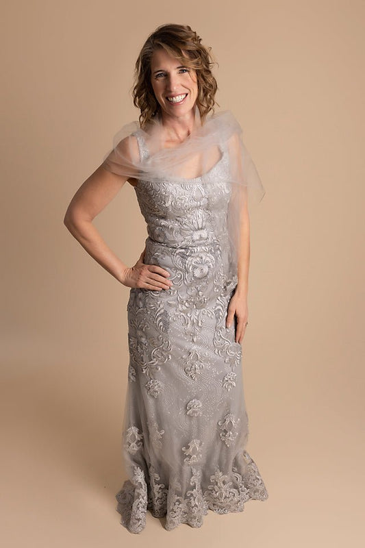Sleeveless with Wrap, Lace and Tewl, A-Line, Grey - The Queen's Lace
