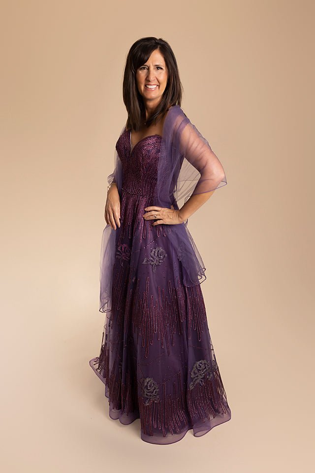 Strapless, Long Metallic Tulle with A-Line Silhouette, Purple - The Queen's Lace